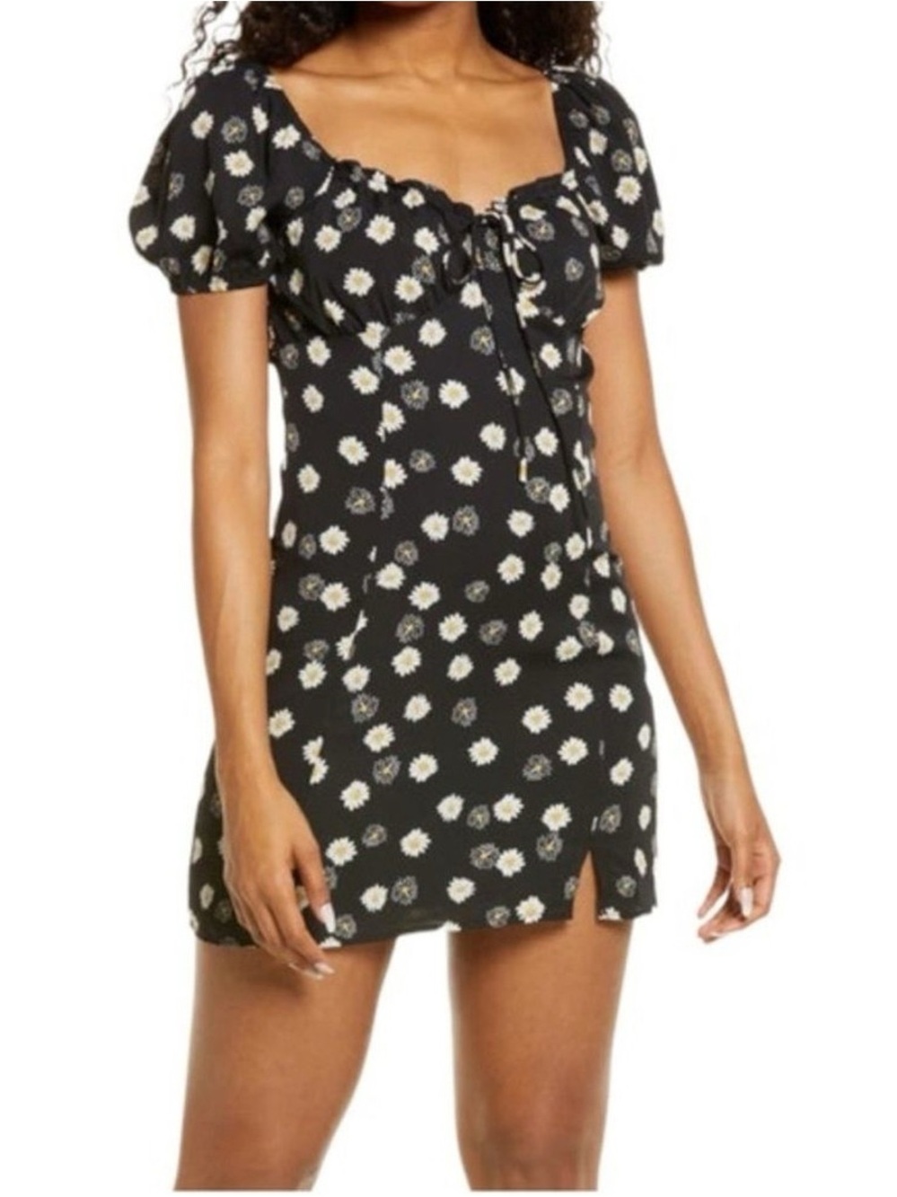 bp Nordstrom NWT sz Large Black Daisy-Print Puff Sleeve Mini Dress